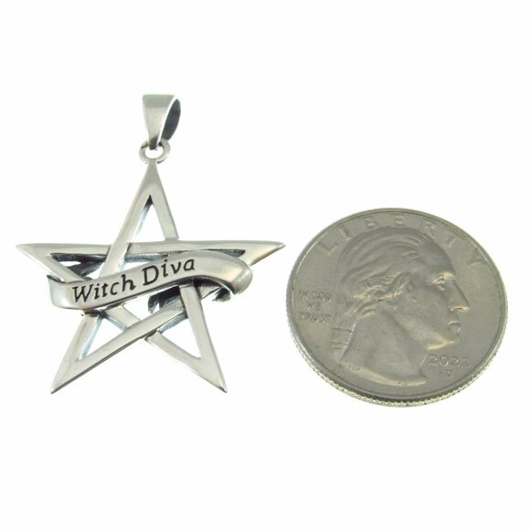 Solid 925 Sterling Silver Witch Diva Pentagram Pendant, Pagan Occult Jewelry - Picture 5 of 9